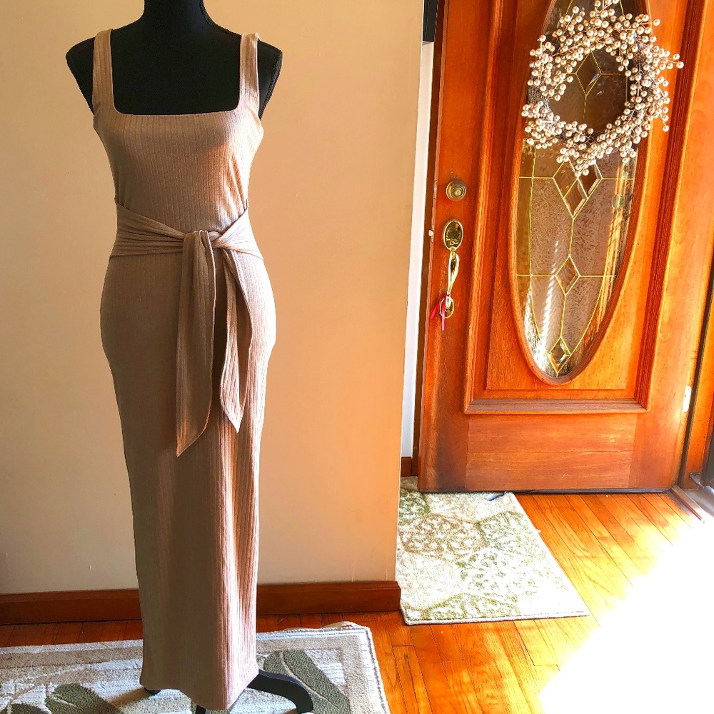 MESHKI Valencia Shimmer Rib Tie Front Midi Dress NWT